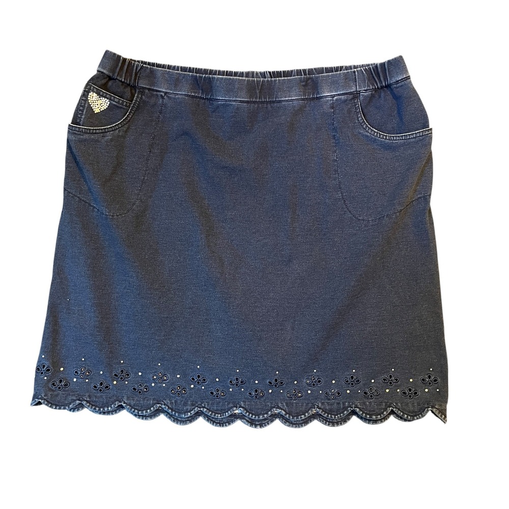 Quacker Factory DreamJeannes Skort Women 1X Blue Scalloped Eyelet Heart Coquette